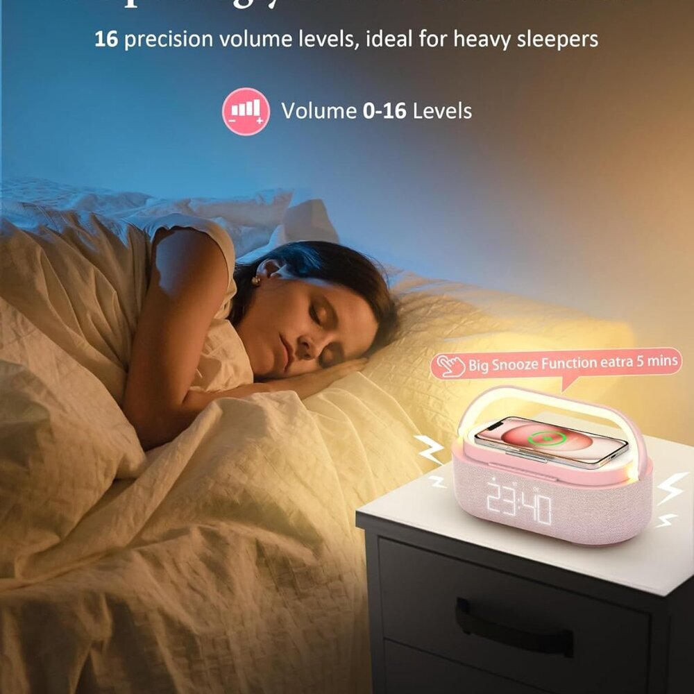 Bluetooth Speaker with Wireless Charger, FM Radio, Dimmable LED Night Light, Dua - Picture 4 of 8